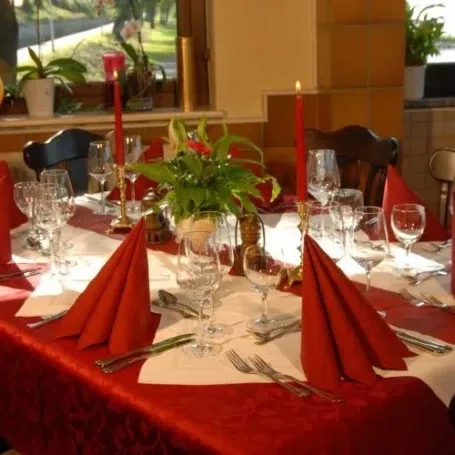 Festlich gedeckter Tisch mit roten Servietten, Kerzen und Blumen