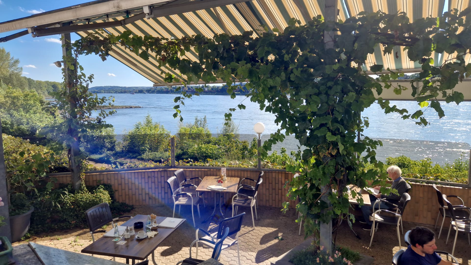 Schattige Sitzplätze unter der Markise und Weinlaub mit Blick auf den Rhein