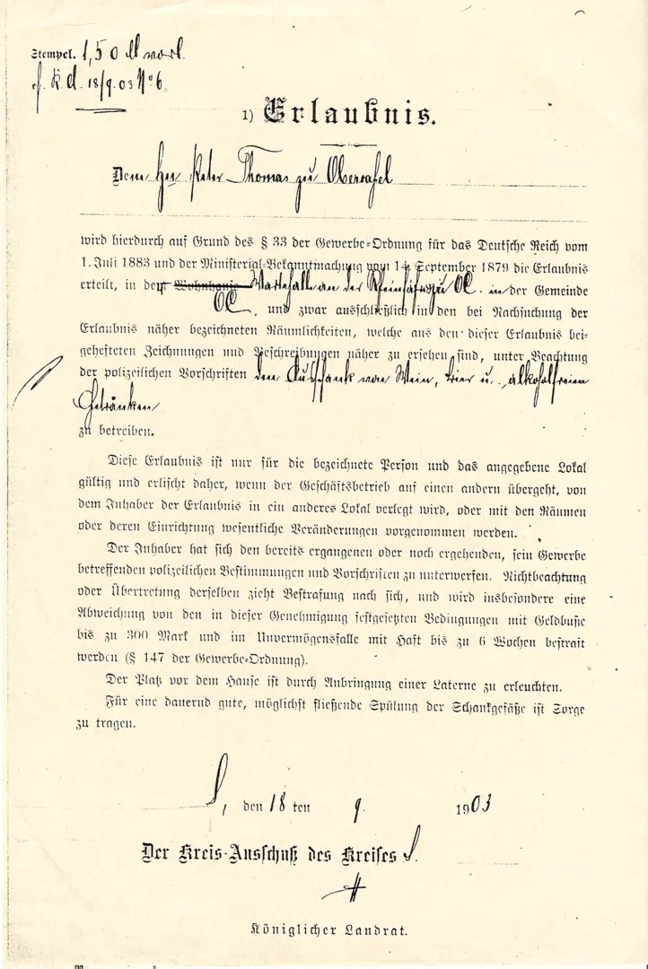 Historische Schankerlaubnis aus dem Jahr 1903
