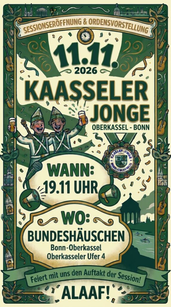 Plakat zur Sessionseröffnung der Kaasseler Jonge am 11. November 2026 im Bundeshäuschen